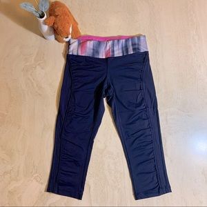 Lululemon Capri Leggings, Navy Blue with Patterned Waist Band